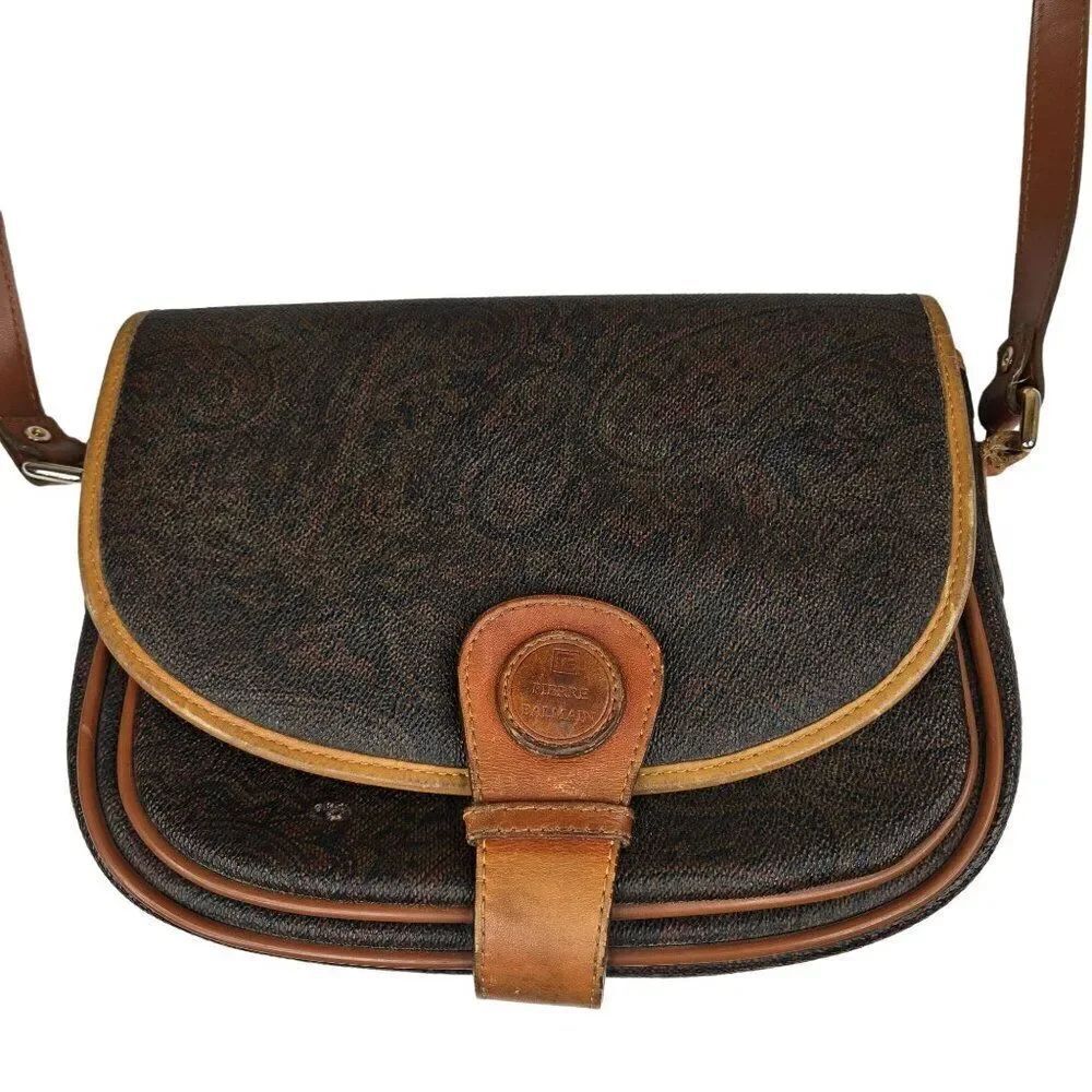 Vintage Pierre Balmain Brown Leather Canvas Paisley Crossbody Purse Bag Defects